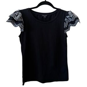 49. Ann Taylor Black Embroidered Ruffle Sleeve Top – Size XS